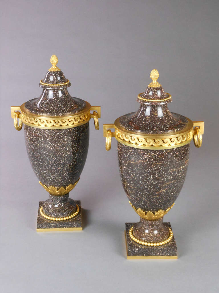Swedish Pair of Neoclassical Gilt Bronze Porphyry Urns For Sale 1