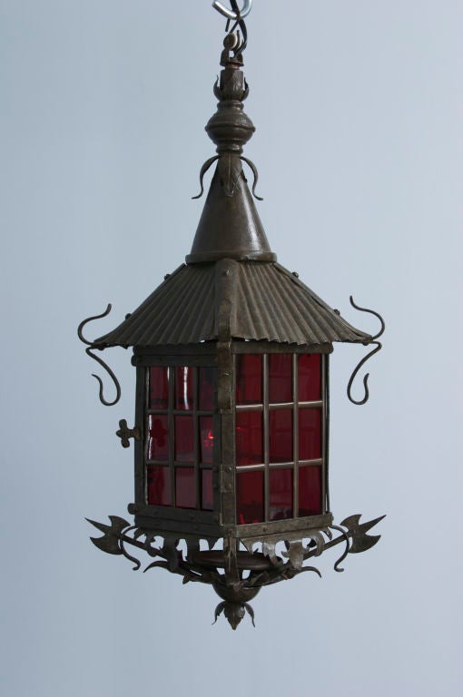 Swedish Pair of Patinated Bronze and Colored Glass Lanterns In Good Condition In New York, NY