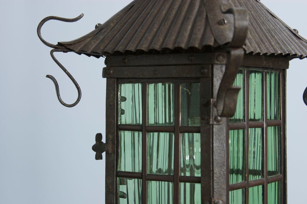 19th Century Swedish Pair of Patinated Bronze and Colored Glass Lanterns