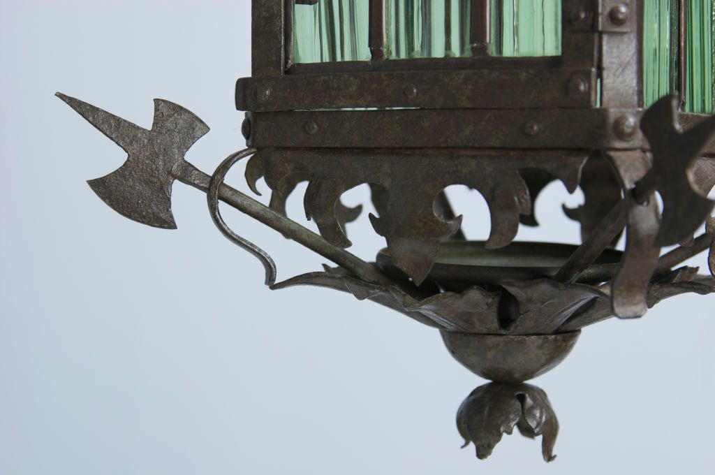 Swedish Pair of Patinated Bronze and Colored Glass Lanterns 1