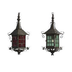 Swedish Pair of Patinated Bronze and Colored Glass Lanterns