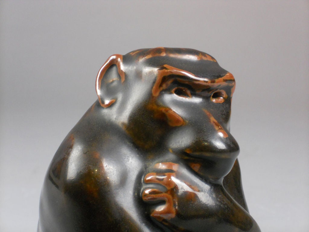Knud Kyhn for Royal Copenhagen Glazed Stoneware Sculpture of a Monkey In Good Condition For Sale In New York, NY