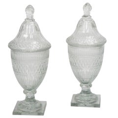English Neoclassical Pair of Cut-Glass Urns with Lids