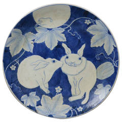 Antique Japanese Ceramic Plate with Rabbits under the Full Moon