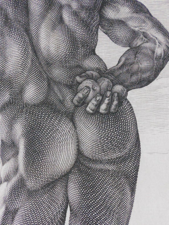 The framed engraving depicts a rear view of the Farnese Hercules, which had only recently been discovered at the time.

Plate dimensions: Height: 16.25 inches width: 11.5"

Latin inscription:
HGoltzius Sculp. Cum privilig. Sa. Ca. M.