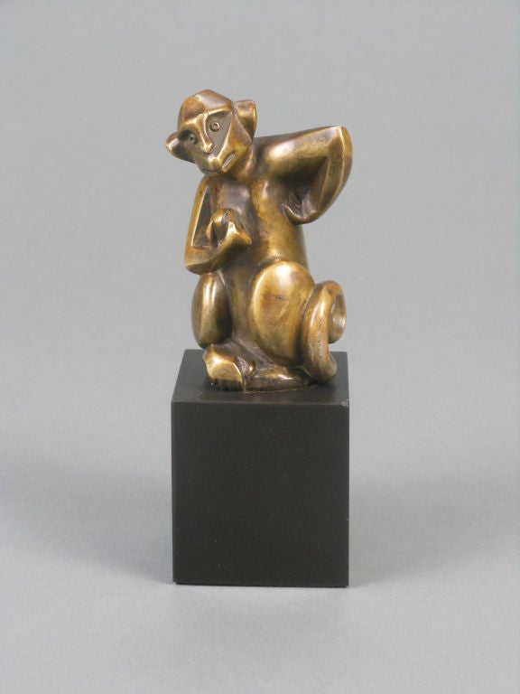 French Art Deco Bronze Sculpture of a Monkey by Sybille May. Signed.