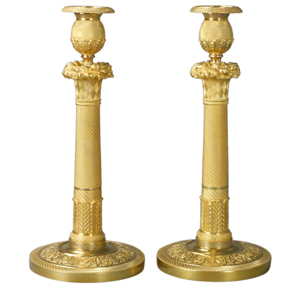 Neoclassical Pair of French Gilt Bronze Candlesticks For Sale