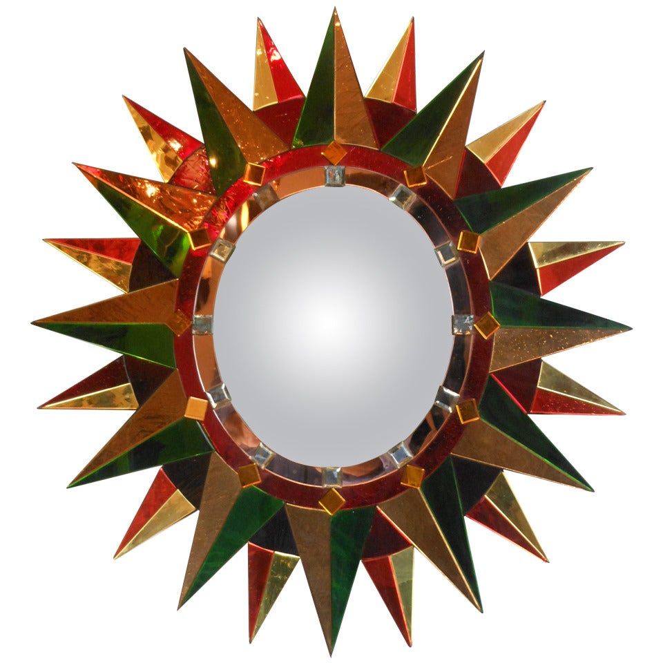 French Modern Oval Polychrome Sunburst Mirror For Sale