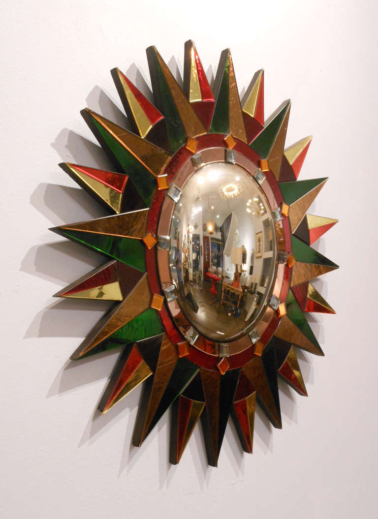 Mid-Century Modern French Modern Oval Polychrome Sunburst Mirror For Sale