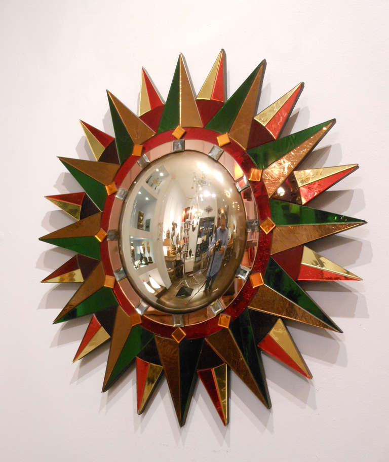Mid-20th Century French Modern Oval Polychrome Sunburst Mirror For Sale
