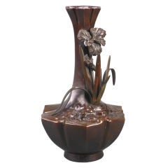 A Japanese Patinated Bronze Vase with Irises