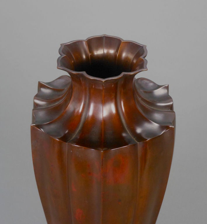 Japanese Patinated Bronze Lotus Vase For Sale 1