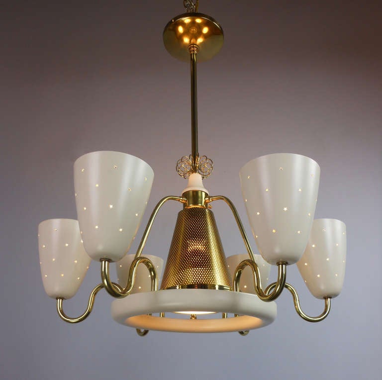 Mid-20th Century An American Brass and Cream Six-Light Chandelier