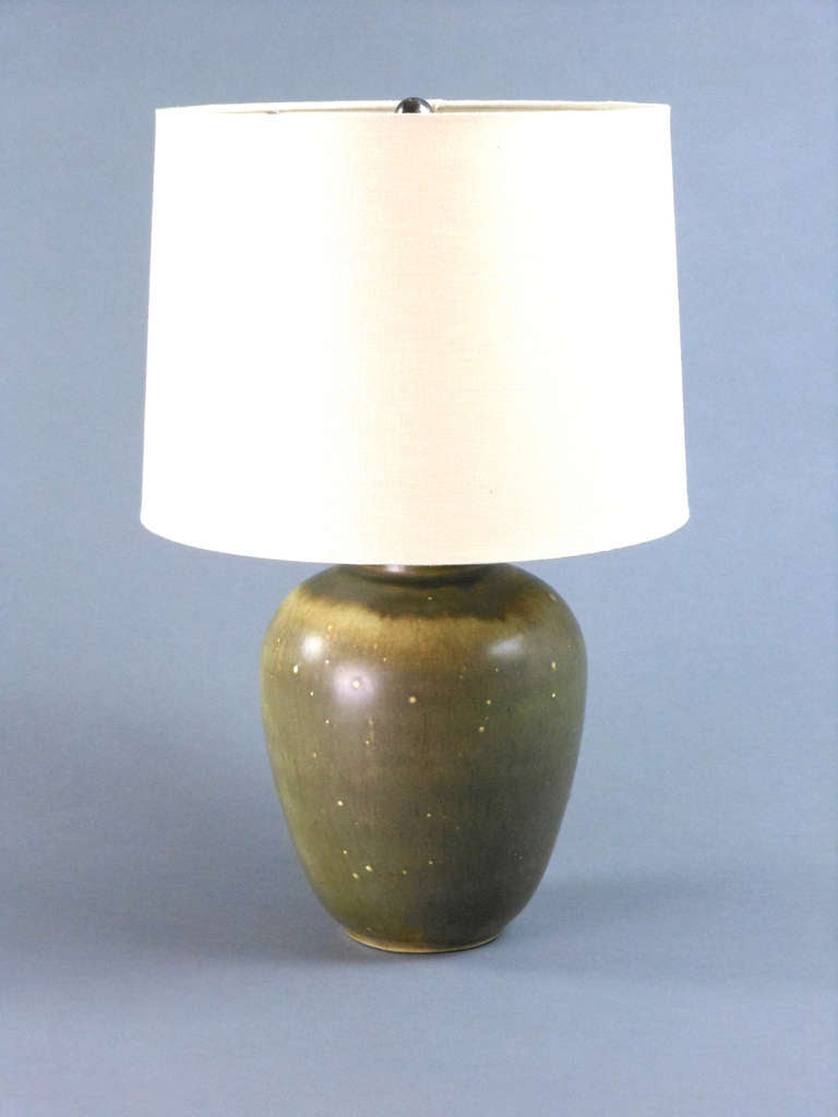 Danish Scandinavian Modern Green Glazed Ceramic Lamp For Sale