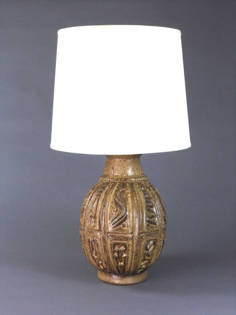Mid-Century Modern Northern European Ceramic Lamp with Low Relief Geometric Design For Sale