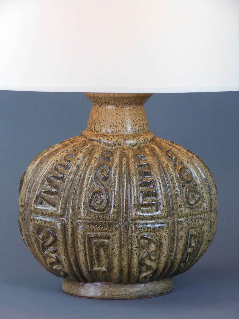 Northern European Ceramic Lamp with Low Relief Geometric Design In Excellent Condition For Sale In New York, NY