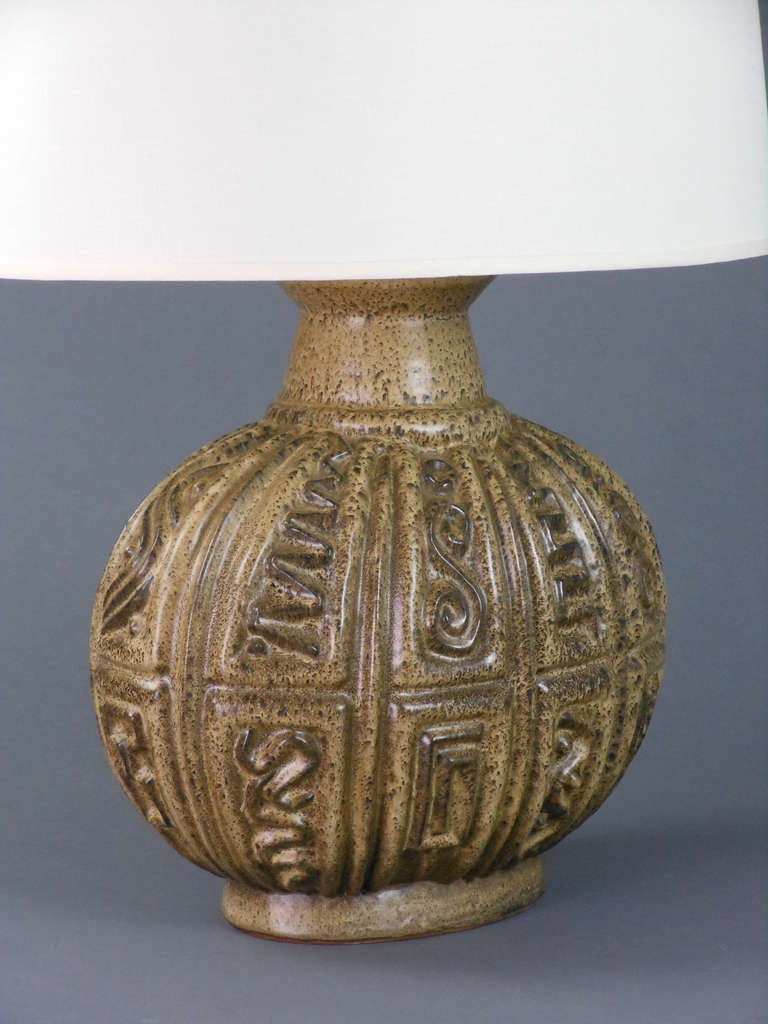 Mid-20th Century Northern European Ceramic Lamp with Low Relief Geometric Design For Sale