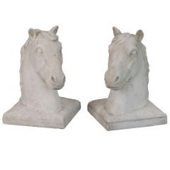 French Pair of White Marble Horse Trophy Sculptures