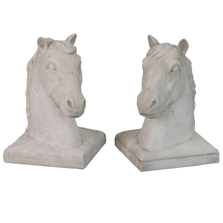 French Pair of White Marble Horse Trophy Sculptures For Sale