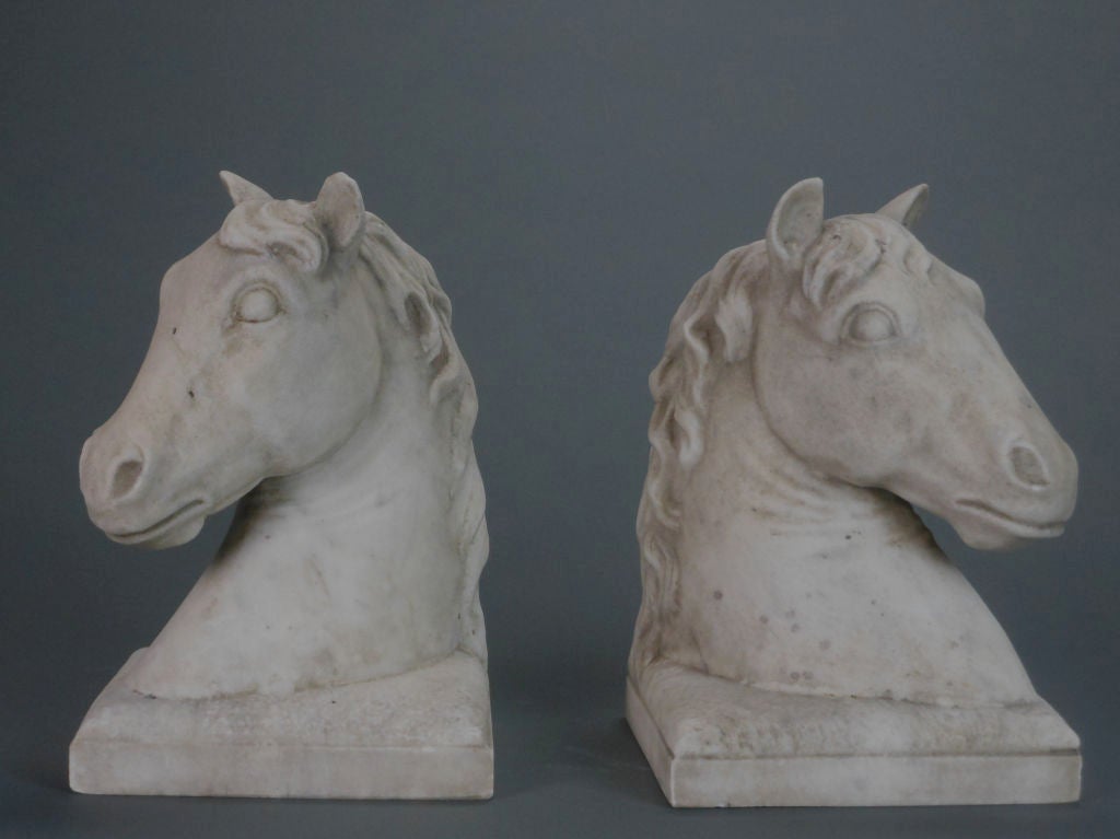 19th Century French Pair of White Marble Horse Trophy Sculptures For Sale