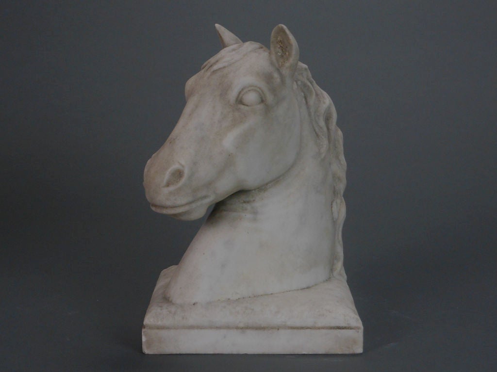 French Pair of White Marble Horse Trophy Sculptures For Sale 2