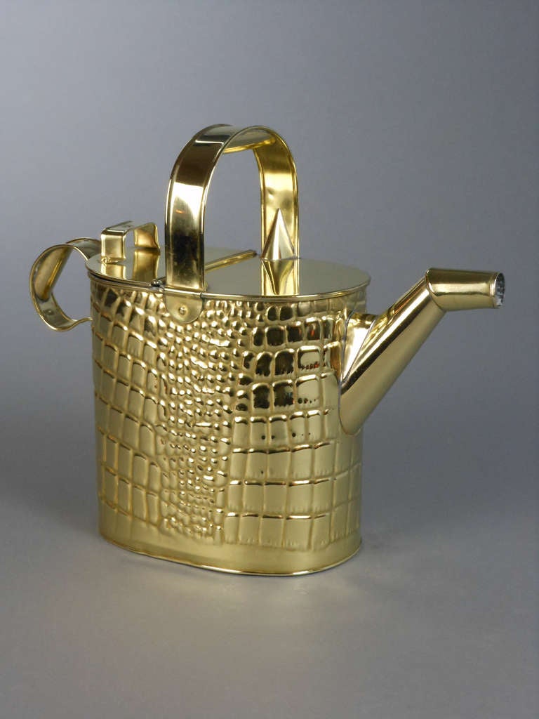 This delightful brass Arts and Crafts watering can is oval with repoussé crocodile pattern and loop handles.