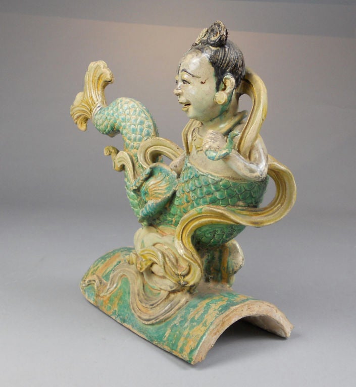 19th Century A Chinese Ceramic Mermaid Roof Tile