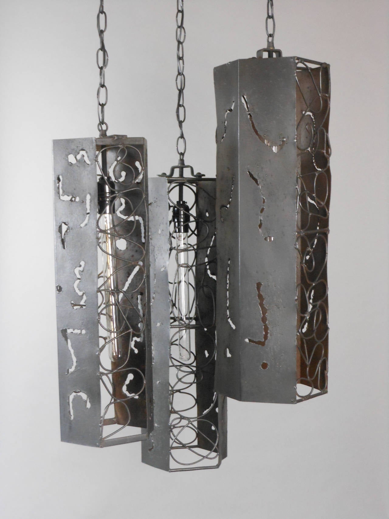 Brutalist Three-Light Metal Lantern In Good Condition For Sale In New York, NY