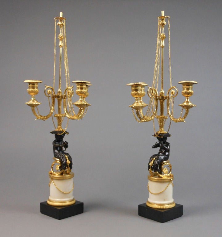 French Pair of Louis XVI Patinated and Gilt Bronze and Marble Candelabra