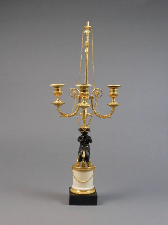 Neoclassical French Pair of Louis XVI Patinated and Gilt Bronze and Marble Candelabra For Sale