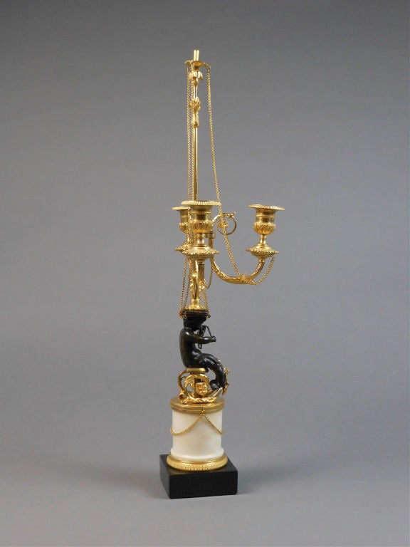 French Pair of Louis XVI Patinated and Gilt Bronze and Marble Candelabra In Good Condition For Sale In New York, NY