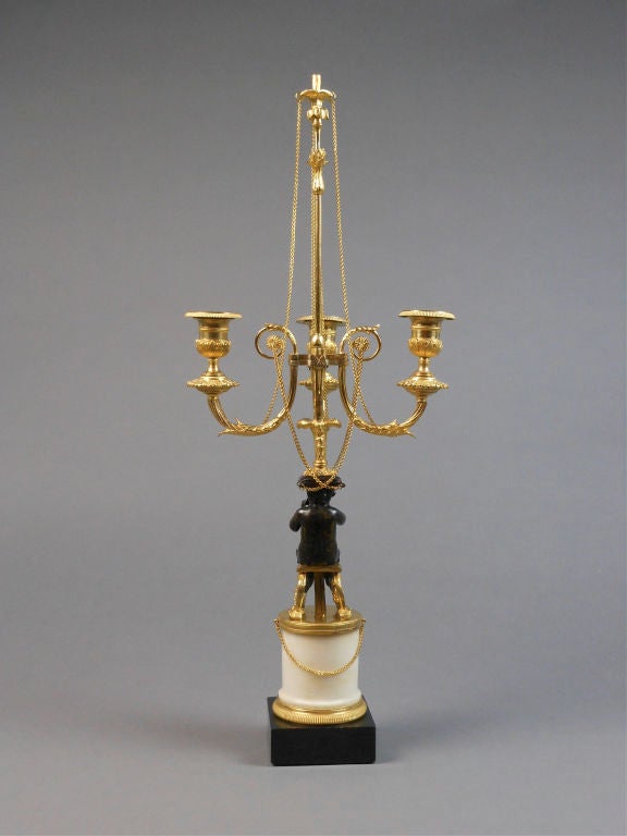 18th Century French Pair of Louis XVI Patinated and Gilt Bronze and Marble Candelabra For Sale