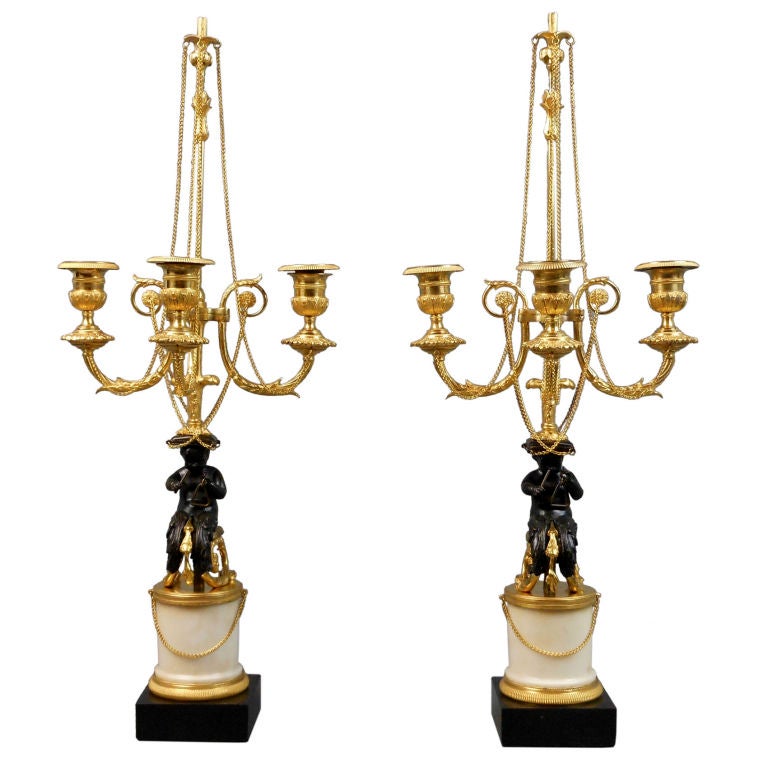 French Pair of Louis XVI Patinated and Gilt Bronze and Marble Candelabra For Sale