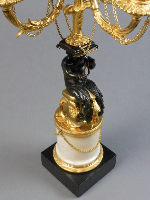 French Pair of Louis XVI Patinated and Gilt Bronze and Marble Candelabra For Sale 4