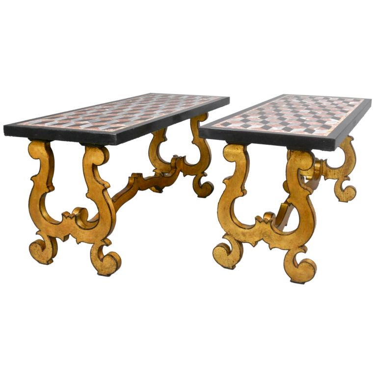 Italian Pair of Giltwood Coffee Tables with Marble Tops For Sale