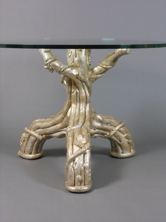 20th Century A French Silvered Tree Trunk Table with a Glass Top For Sale