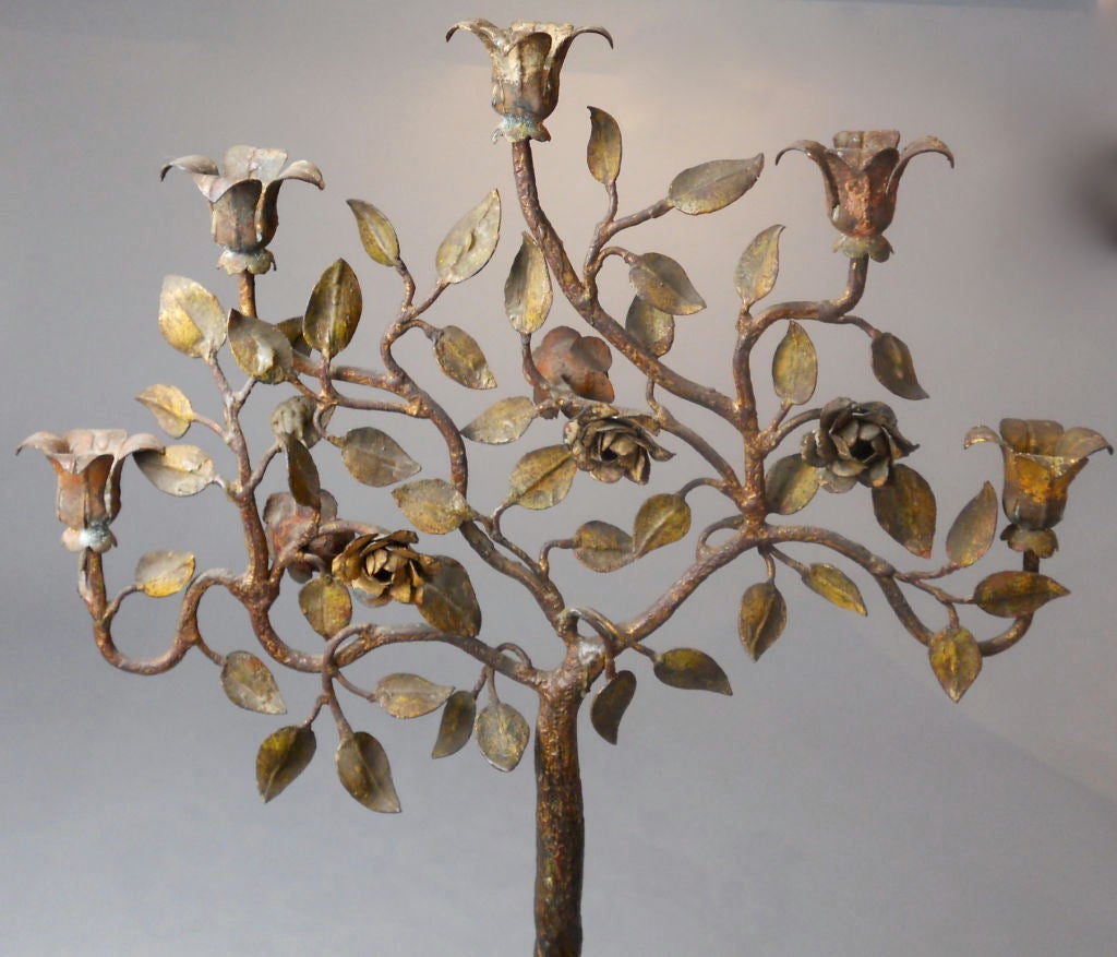 A Pair of Continental Polychrome Wrought Iron Candelabra