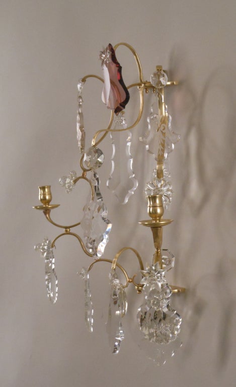 Pair of Rococo Brass and Crystal Sconces In Good Condition For Sale In New York, NY
