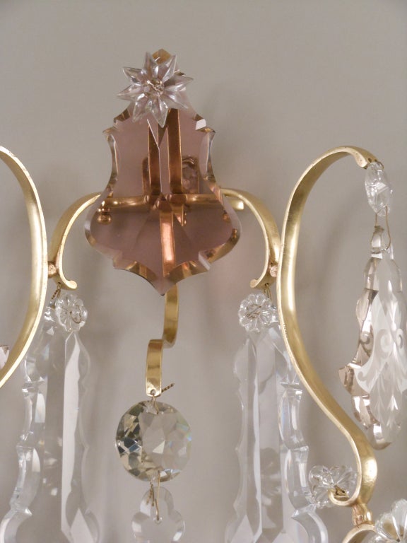 19th Century Pair of Rococo Brass and Crystal Sconces For Sale