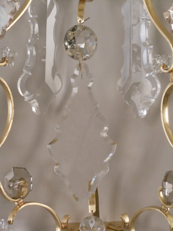 Pair of Rococo Brass and Crystal Sconces For Sale 1