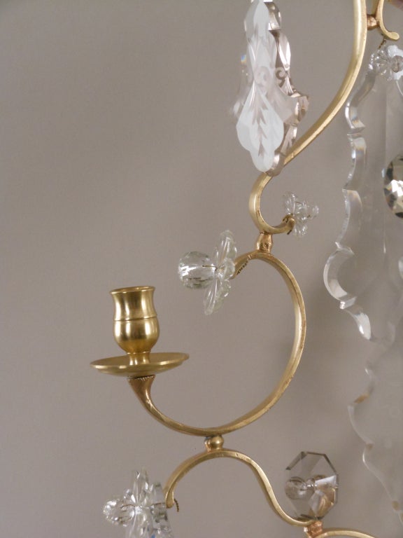 Pair of Rococo Brass and Crystal Sconces For Sale 2