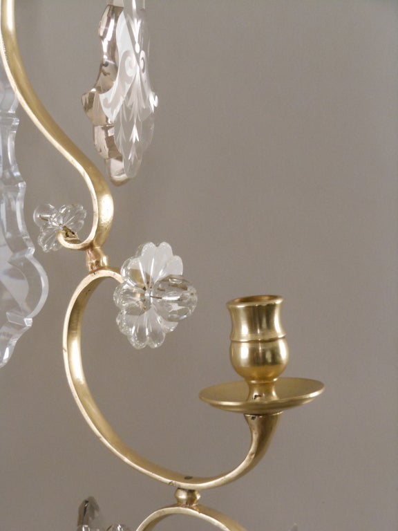 Pair of Rococo Brass and Crystal Sconces For Sale 3