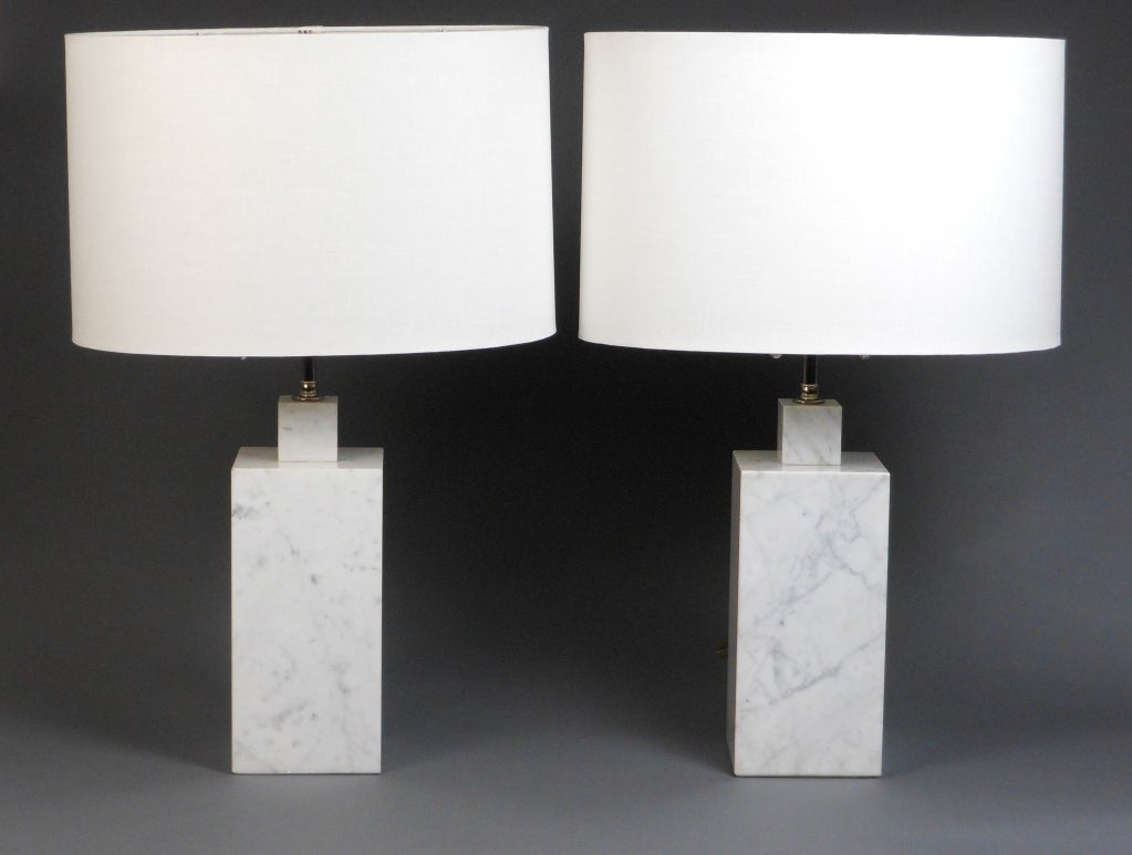 A Pair of Italian Grey Veined White Marble Square Column Lamps
