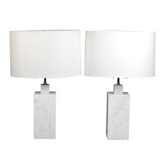 A Pair of Italian Grey Veined White Marble Square Column Lamps