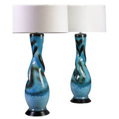 Mid-Century Modern Pair of Large Blue Ceramic Lamps