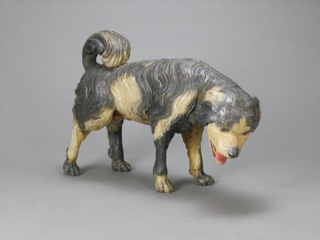 The King Charles Spaniel stands looking down with his tail curled over his back, with a black and white wavy coat. It was most likely used as an artist's model.