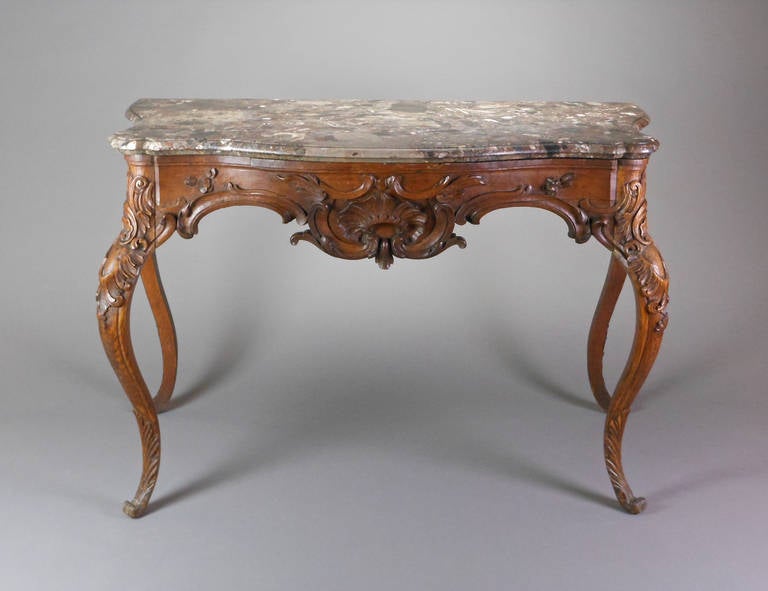 German Rococo Console Table with a Gray and Brown Breccia Marble Top