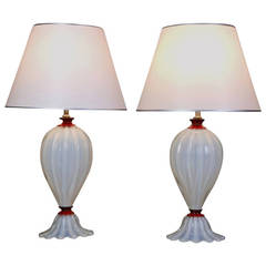 Pair of Murano Mid-Century White and Red Glass Lamps