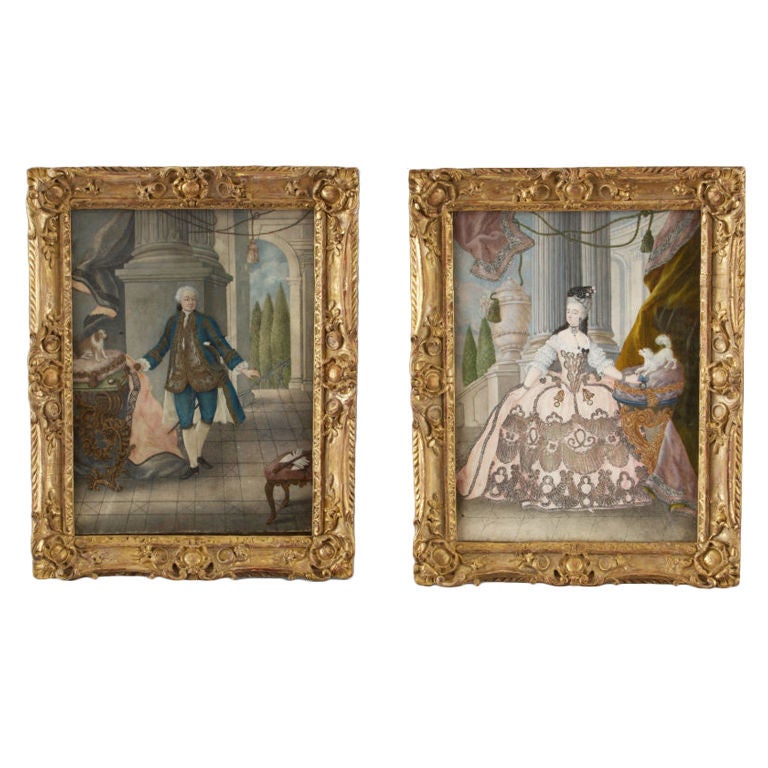 The full length portraits are set in an opulent white marble neoclassical palace with tasseled curtains opening to a staircase leading to a landscaped garden. 

The gentleman wears a gold embroidered blue justaucorps coat over gold brocaded silver