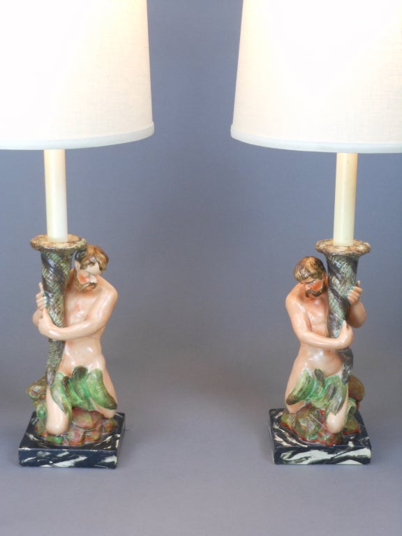 English Staffordshire Pair of Ceramic Candlesticks Mounted as Lamps For Sale